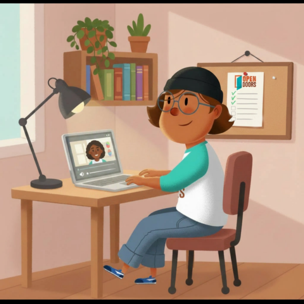 open doors cartoon character engaged in online learning