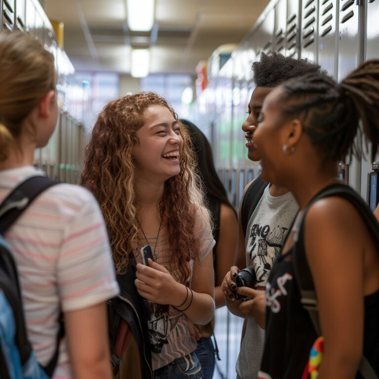 teens talking in front of lockers